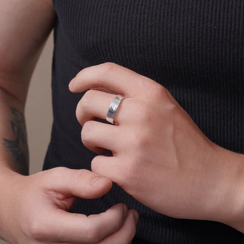 925 Sterling Silver High Polished Hand Hammered Wedding Band Flat Ring