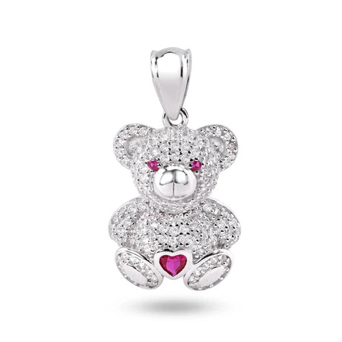 925 Sterling Silver Rhodium Plated Teddy Bear Heart Clear and Red CZ Pendant