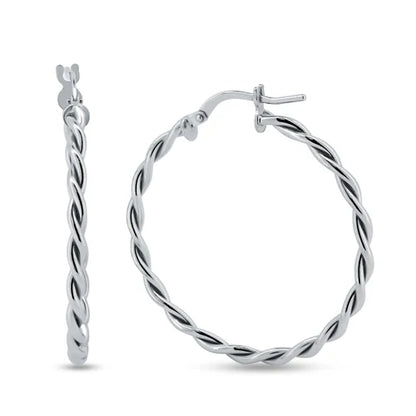 925 Sterling Silver Rhodium Plated Twisted Hoop Earrings