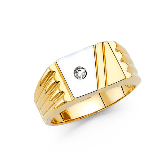 14K Two-Tone Men's High-Polish Ring with Cubic Zirconia Center