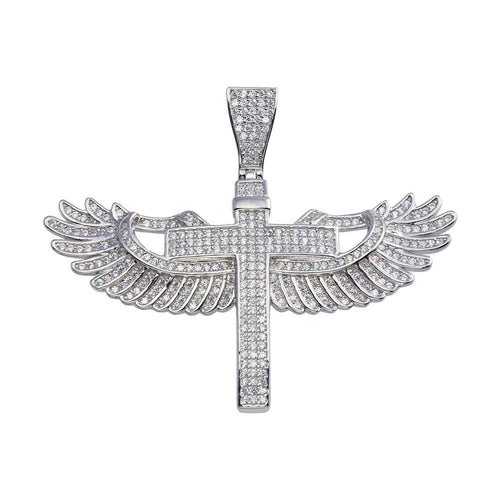 925 Sterling Silver Rhodium Plated CZ Angel Wing Cross Hip Hop Pendant