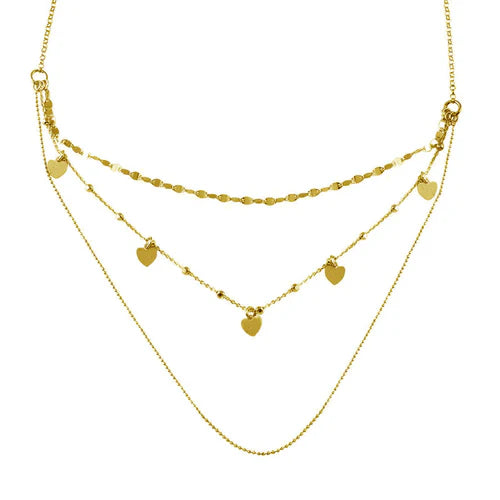 925 Sterling Silver Gold Plated Multi Chain Dangling Hearts Necklace - ECN00054GP
