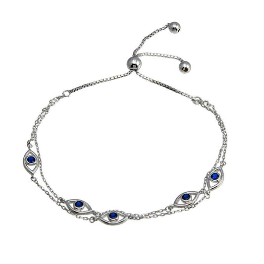 925 Sterling Silver Rhodium Toned Plated Multi Chain Evil Eye Blue CZ Lariat Bracelet