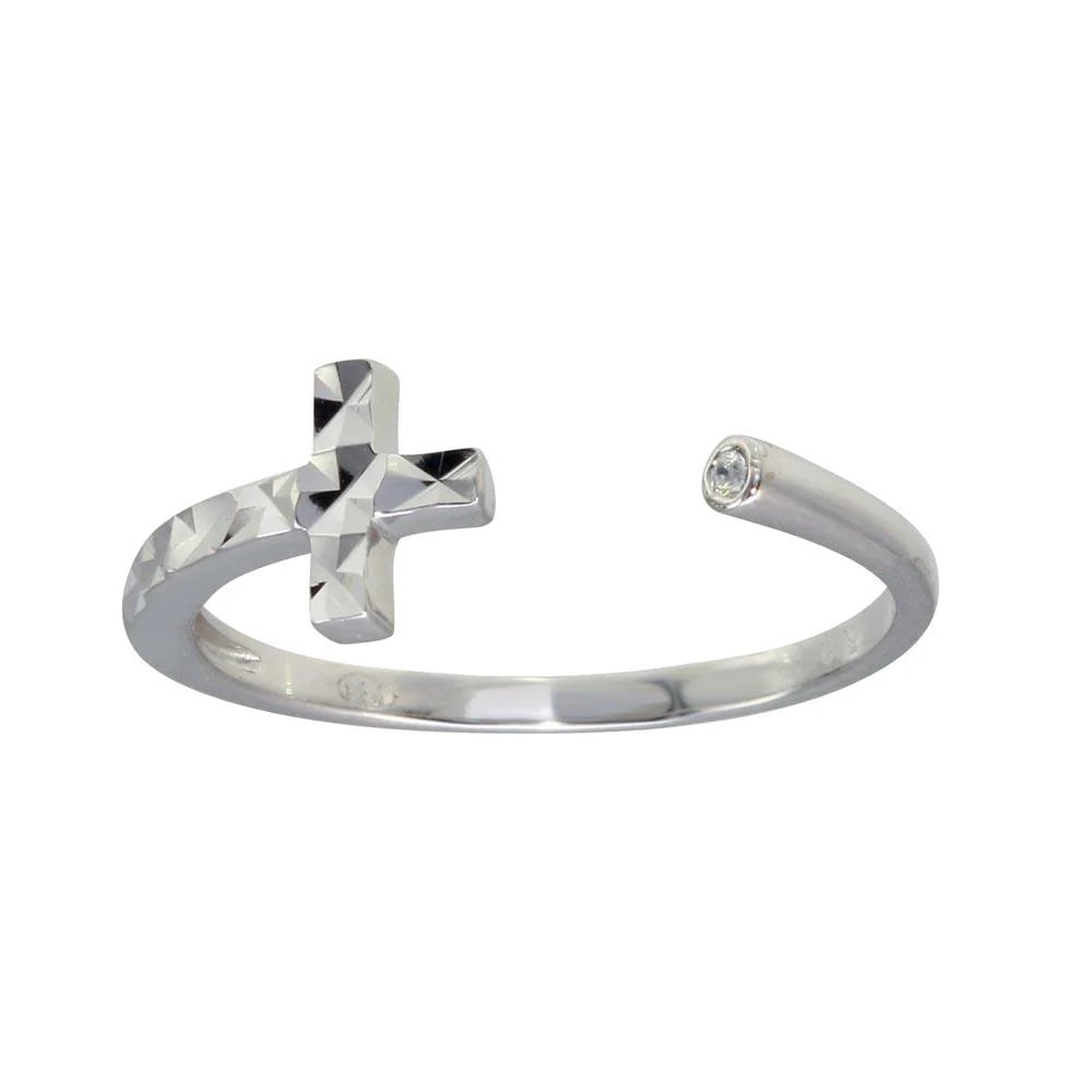 925 Sterling Silver Rhodium Plated CZ Diamond Cut Open Cross Ring