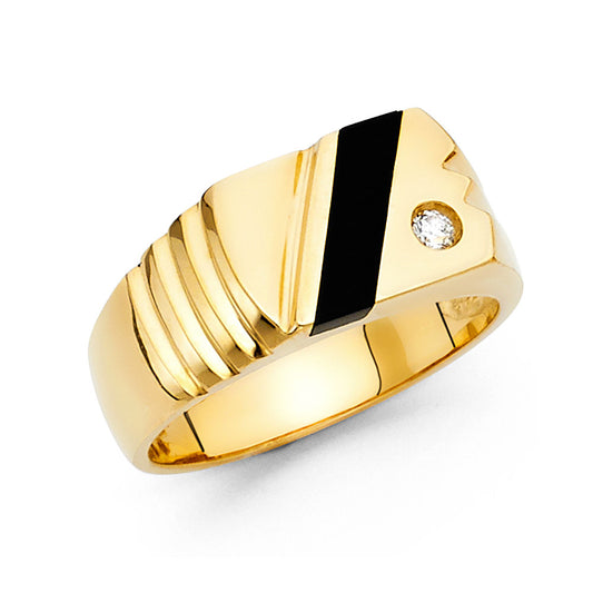 14K Yellow Gold Men's Onyx and Cubic Zirconia Diagonal Accent Ring
