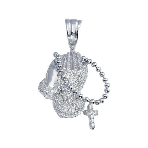 925 Sterling Silver Rhodium Plated CZ Prayer Hand with Rosary Hip Hop Pendant