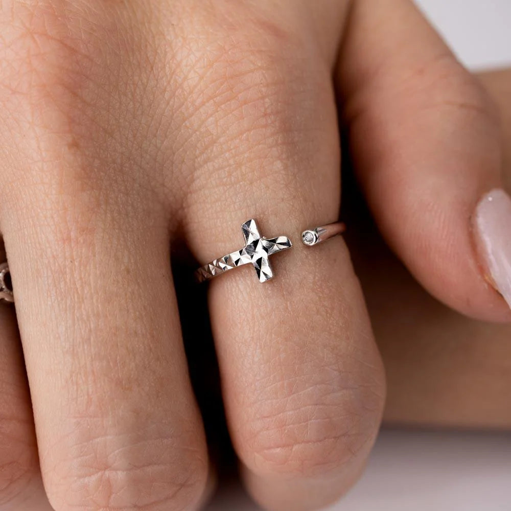 925 Sterling Silver Rhodium Plated CZ Diamond Cut Open Cross Ring