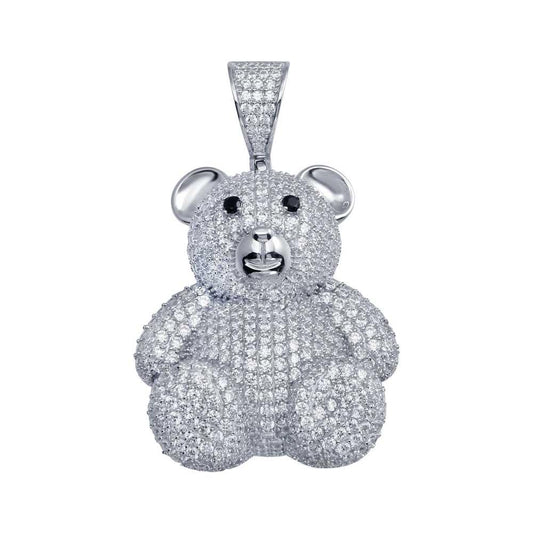 925 Sterling Silver Rhodium Plated CZ Bear Hip Hop Pendant
