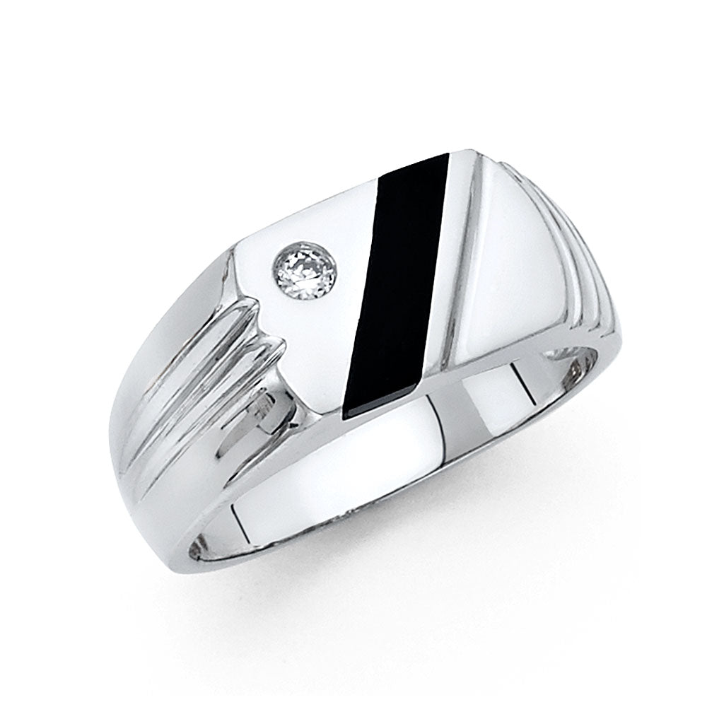 14K White Gold Men's Onyx and Cubic Zirconia Ring