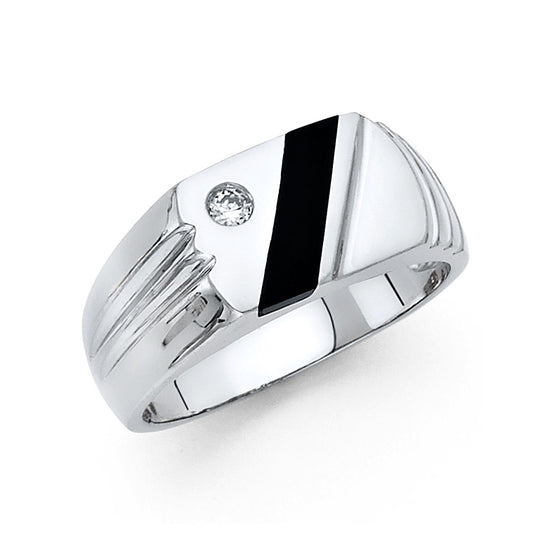 14K White Gold Men's Onyx and Cubic Zirconia Ring