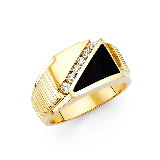 14K Yellow Gold Men's Onyx and Cubic Zirconia Triangle Ring