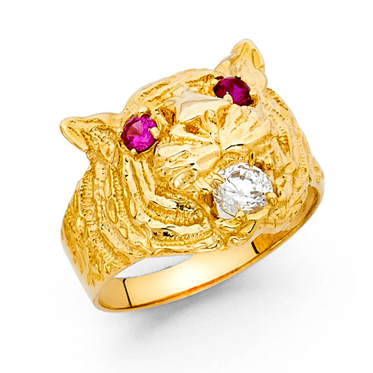 14K Men’s Tiger Head CZ Ring with Synthetic Ruby Eyes