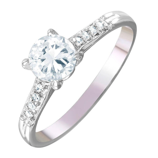 925 Sterling Silver Rhodium Plated Round Center CZ Ring