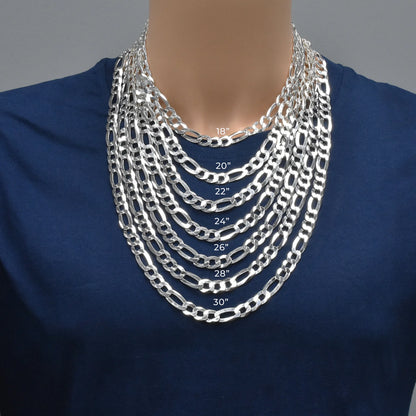925 Sterling Silver Figaro 250 Chain or Bracelet 10mm