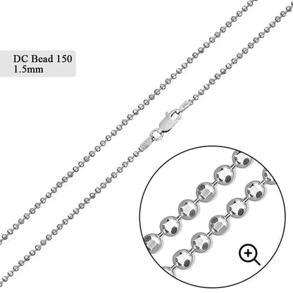 925 Sterling Silver Diamond Cut Bead 150 Chains 1.5mm