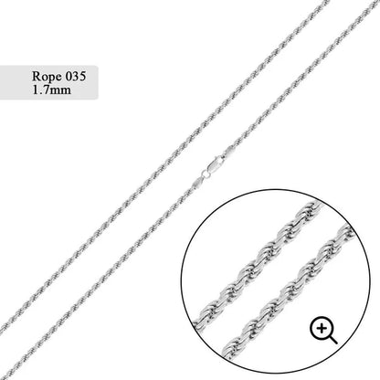 925 Sterling Silver Rope 035 Chain or Bracelet 1.7mm