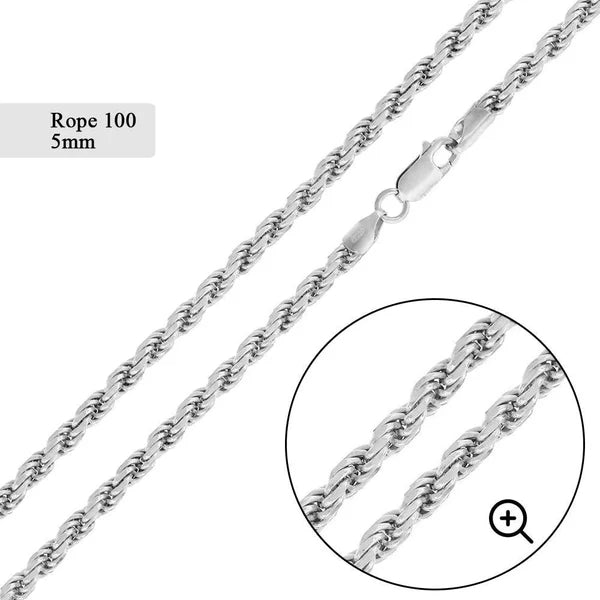 Silver Rope 100 Chain or Bracelet 5mm