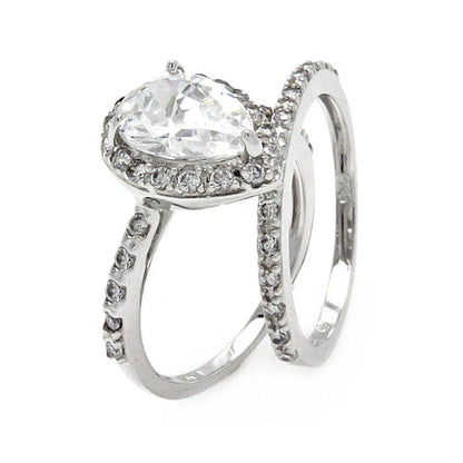 925 Sterling Silver Rhodium Plated Clear Pear Shaped CZ Bridal Ring Set
