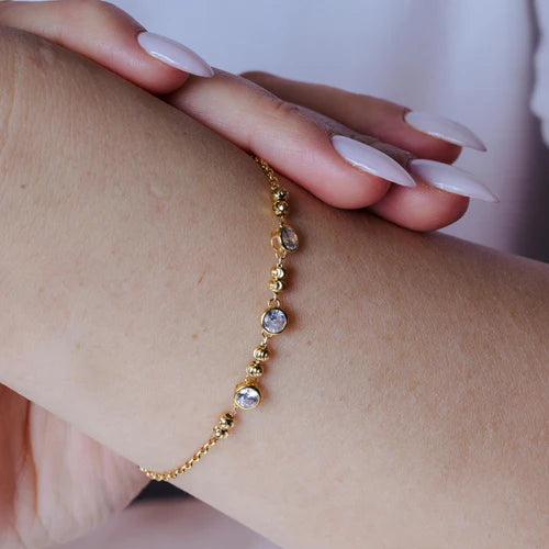 925 Sterling Silver Gold Plated Beaded 3 Stones Link Bracelet