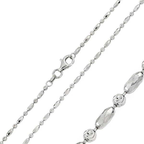 925 Sterling Silver Rhodium Plated Diamond Cut Round Oval Bead Alternating 002 Chain 2mm