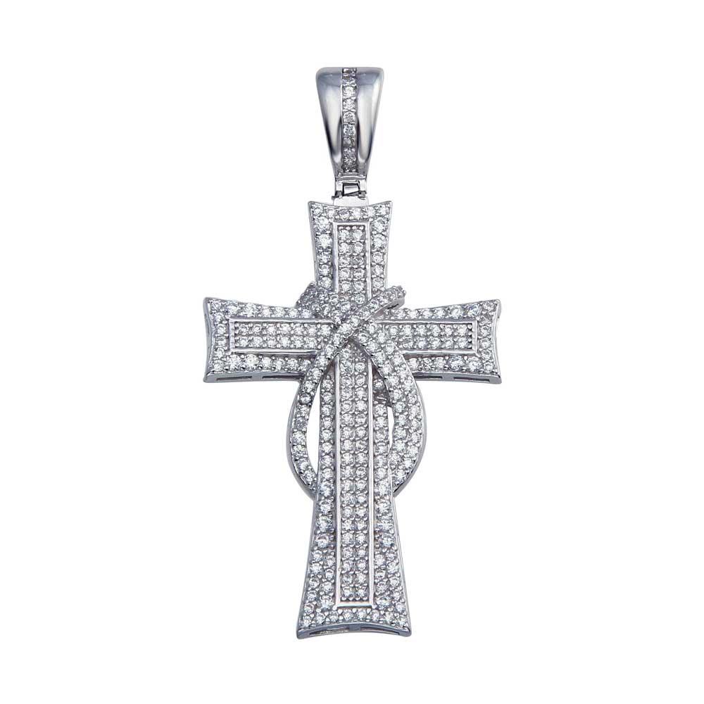 925 Sterling Silver Rhodium Plated CZ Ribbon Cross Hip Hop Pendant