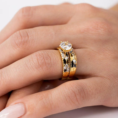 925 Sterling Silver Two-Tone Hammered CZ Wedding Ring