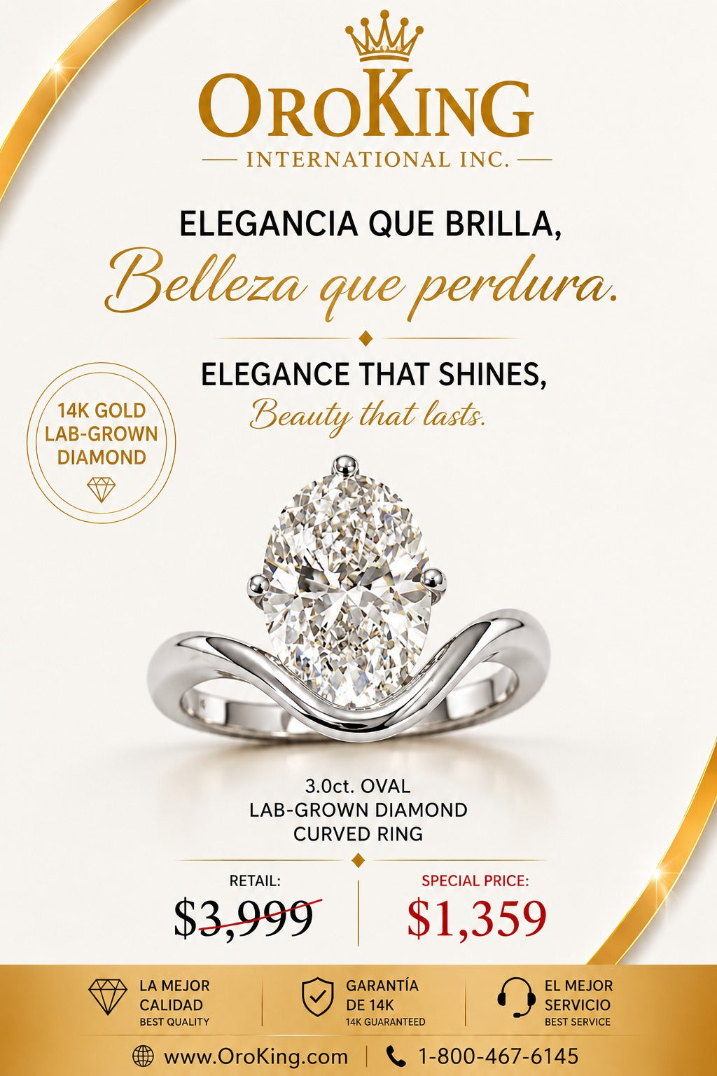 Women's 14K Yellow Gold/White Gold Certified Lab-Grown Diamond Oval Cut Curved Ring 3.00ct. Center Stone