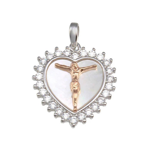 925 Sterling Silver Two-Toned Synthetic Mother of Pearl Crucifix Heart Medallion Pendant