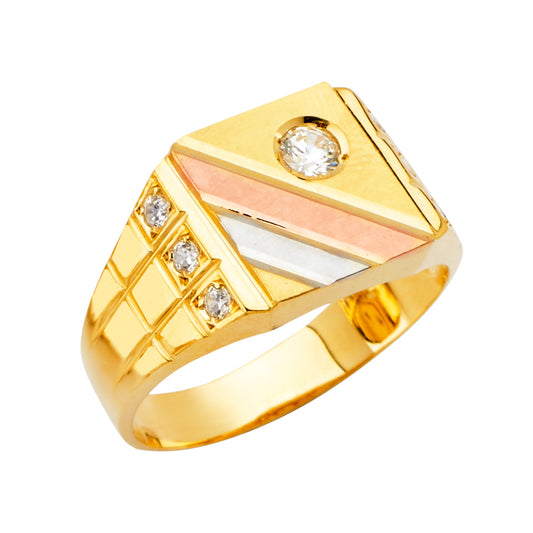 14K Tri-Color Gold Men’s Ring with Cubic Zirconia Accents