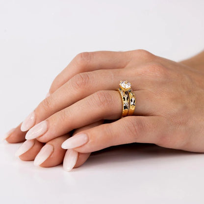 925 Sterling Silver Two-Tone Hammered CZ Wedding Ring