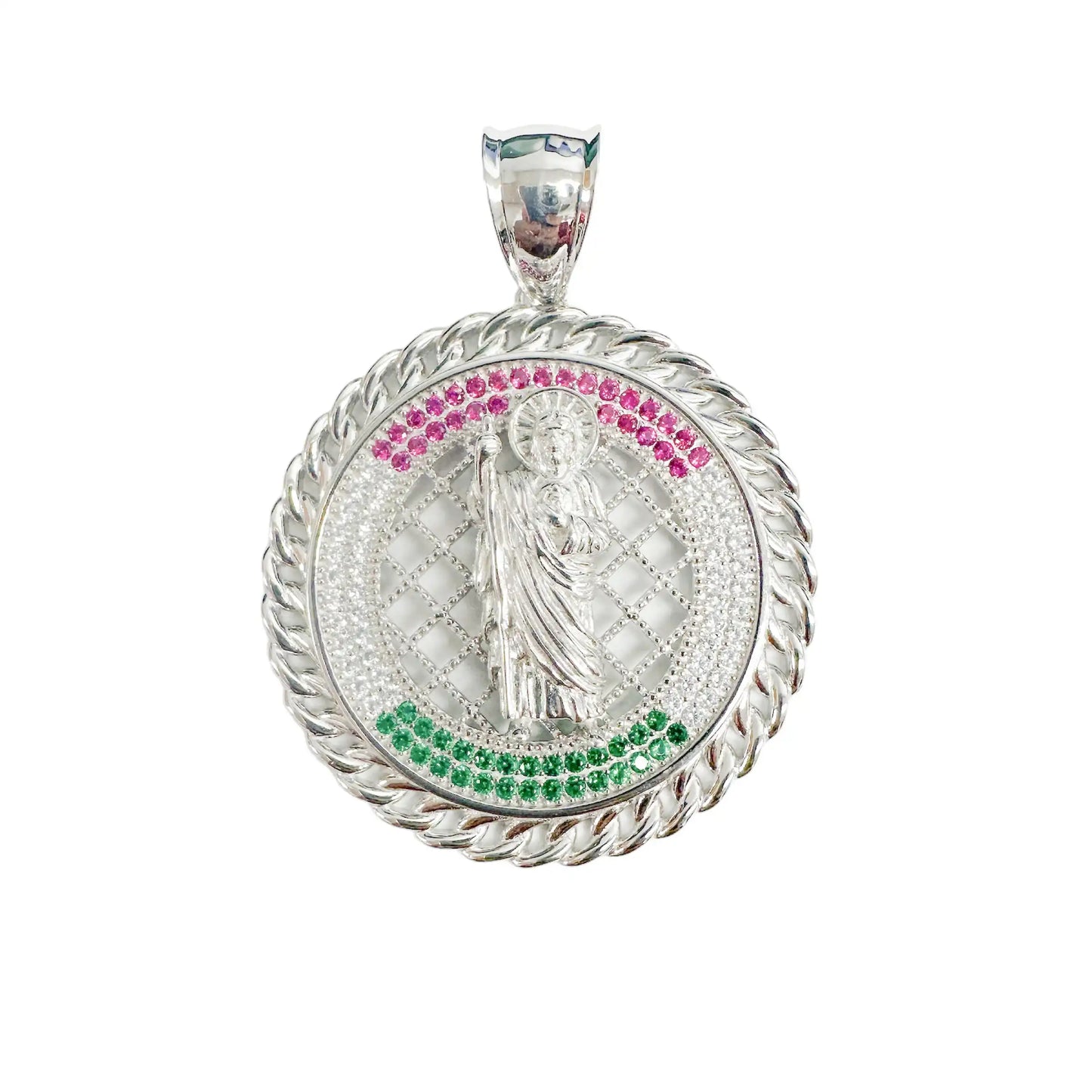 925 Sterling Silver Rhodium Plated Saint Jude Clear Green and Red CZ 44mm Pendant