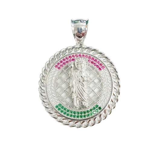 925 Sterling Silver Rhodium Plated Saint Jude Clear Green and Red CZ 44mm Pendant