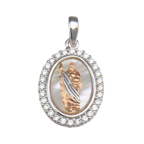 925 Sterling Silver Two-Toned Synthetic Mother o Pearl St. Jude Oval Medallion Pendant