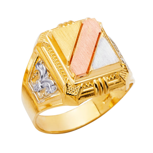 14K Tri-Color Gold Men’s Geometric Ring with Side Accents