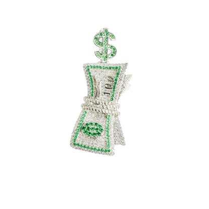 925 Sterling Silver Rhodium Plated Bundle of Cash Clear and Green CZ Dollar Vale Pendant