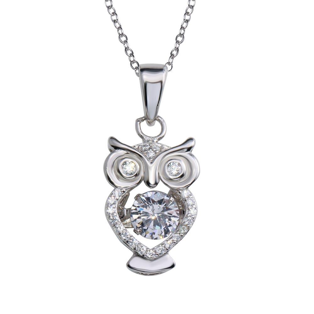 925 Sterling Silver Rhodium Plated Owl Pendant Necklace with Dancing CZ