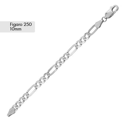 925 Sterling Silver Figaro 250 Chain or Bracelet 10mm