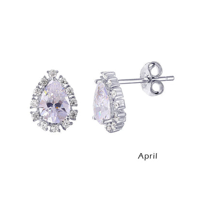 925 Sterling Silver Rhodium Plated Teardrop Halo CZ Birthstone Earrings