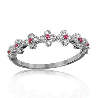 925 Sterling Silver Rhodium Plated Clover Band with Red CZ Stones