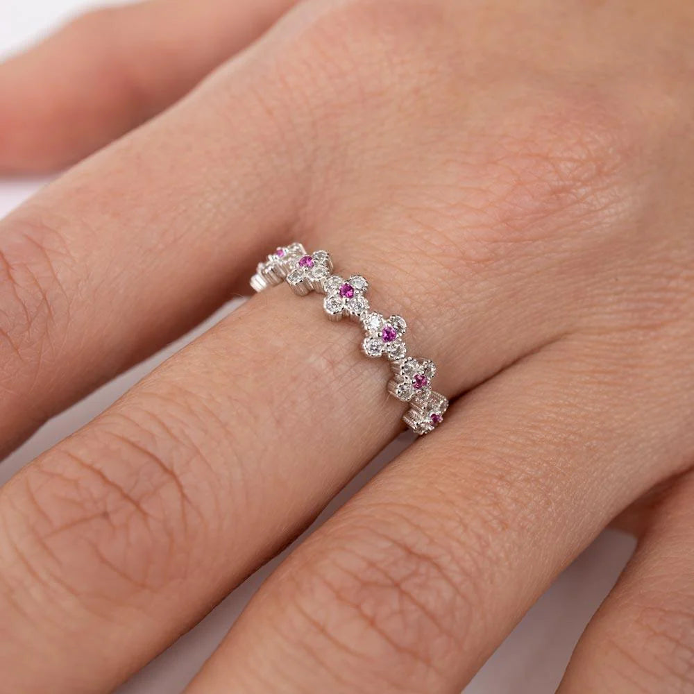 925 Sterling Silver Rhodium Plated Clover Band with Red CZ Stones