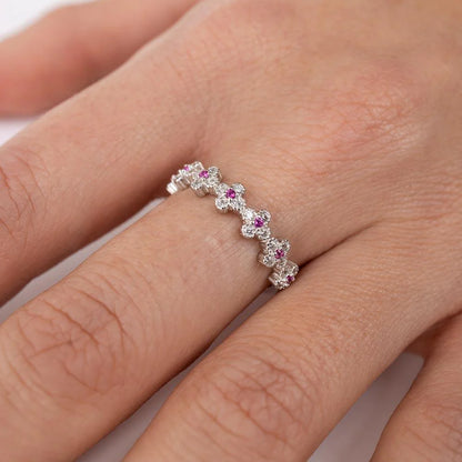 925 Sterling Silver Rhodium Plated Clover Band with Red CZ Stones