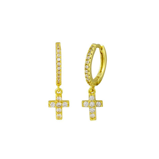 925 Sterling Silver Gold Plated Dangling Cross CZ huggie hoop Earring