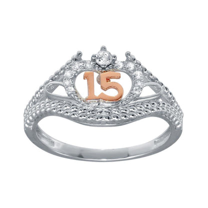 925 Sterling Silver Rhodium Plated CZ Quinceanera Flower 2 Toned CZ Ring