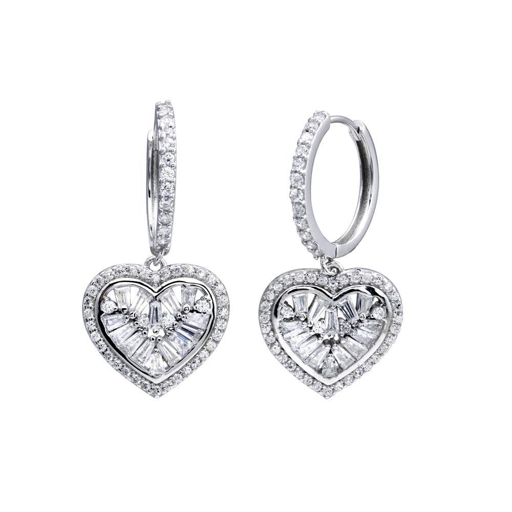 925 Sterling Silver Rhodium Plated CZ Hoop Dangling Heart Earring