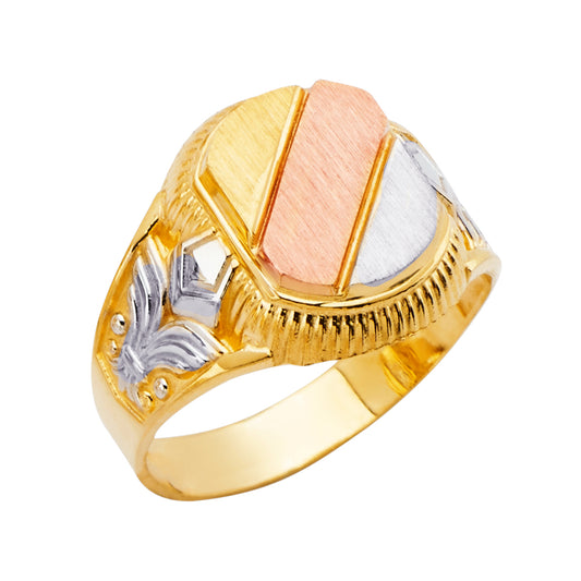 14K Tri-Color Gold Men’s Oval Ring with Floral Side Accents