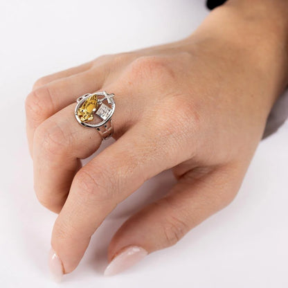 925 Sterling Silver 2 Toned Plated Praying Hand with Cross Ring
