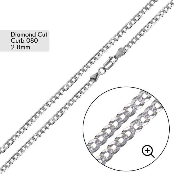 Silver Curb 080 1 Side Diamond Cut 1 Side Plain Chain 2.8mm