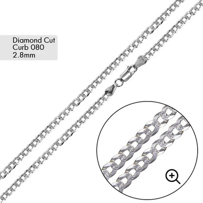 Silver Curb 080 1 Side Diamond Cut 1 Side Plain Chain 2.8mm