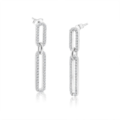925 Sterling Silver Rhodium Plated Dangling CZ Paperclip Earring