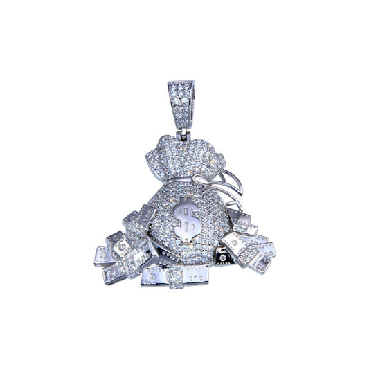 925 Sterling Silver Rhodium Plated CZ Cash Bag Pendant